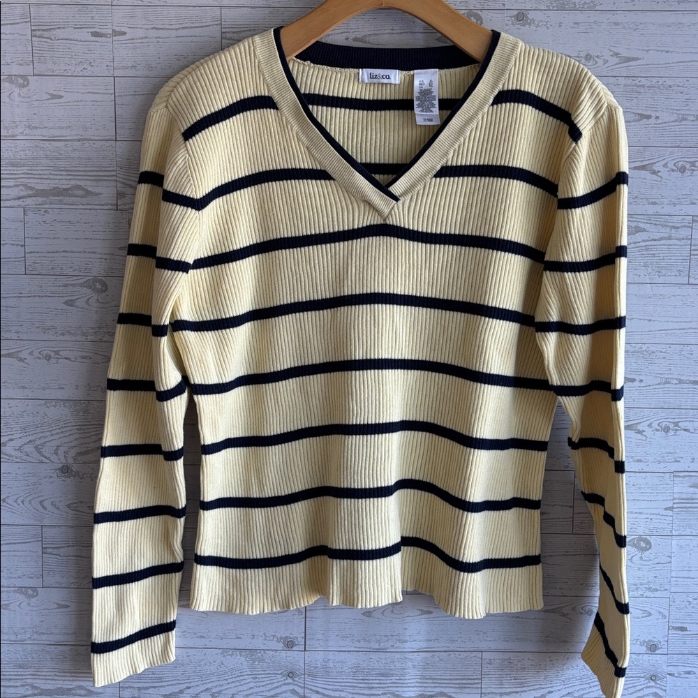 Ribbed Sweater Striped V-Neck XL Cream & Blue Nautical coastal stretchy Liz & Co